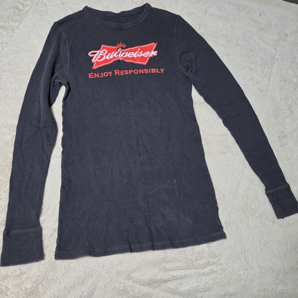 Budweiser Beer logo long sleeve thermal waffle knit grey shirt Bud Bowtie, S